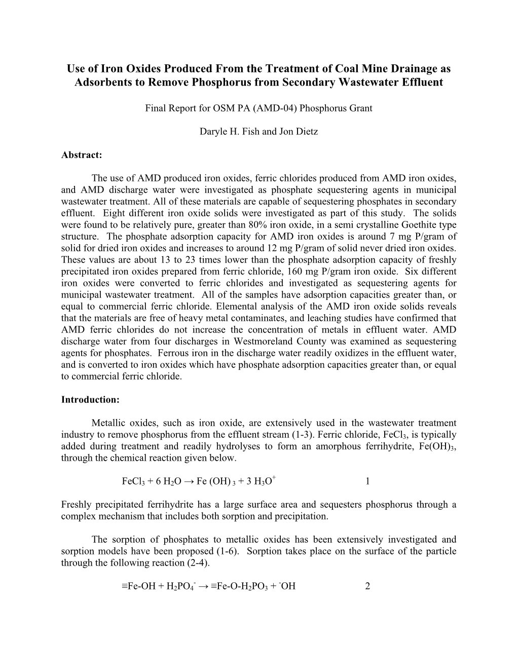 Use of Iron Oxides Produced from the Treatment of Coal Mine Drainage As Adsorbents to Remove Phosphorus from Secondary Wastewater Effluent