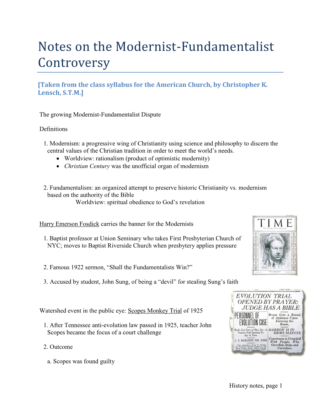 Notes on the Modernist-Fundamentalist Controversy