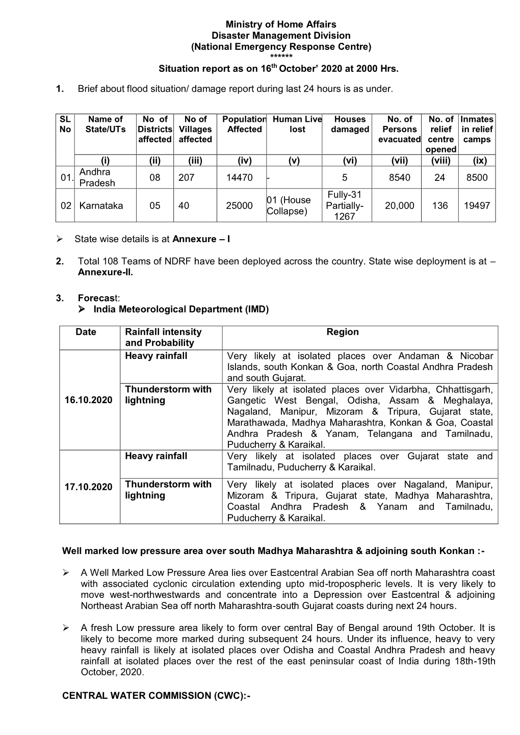 Situation Report As on 16.10.2020 At
