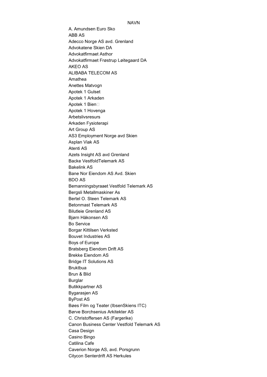 NAVN A. Amundsen Euro Sko ABB AS Adecco Norge AS Avd. Grenland