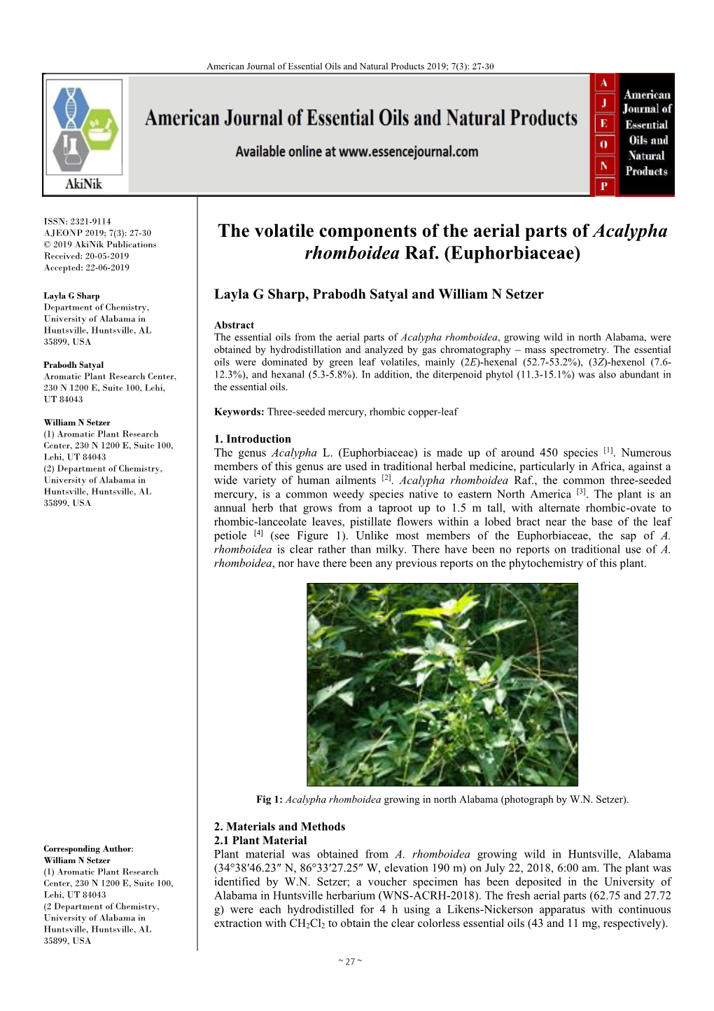 The Volatile Components of the Aerial Parts of Acalypha Rhomboidea Raf. (Euphorbiaceae)