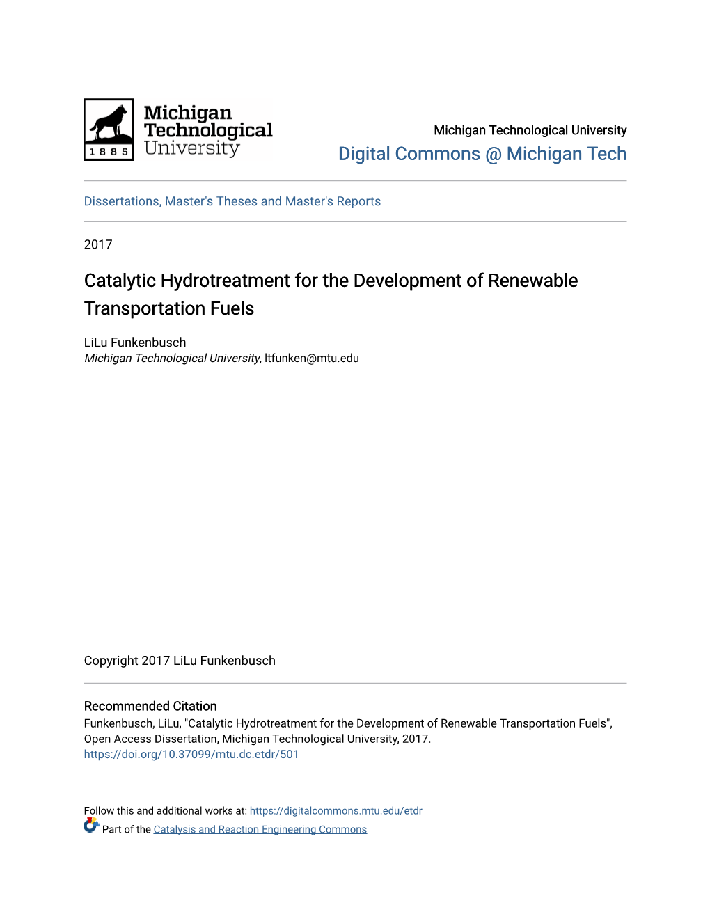 Catalytic Hydrotreatment for the Development of Renewable Transportation Fuels