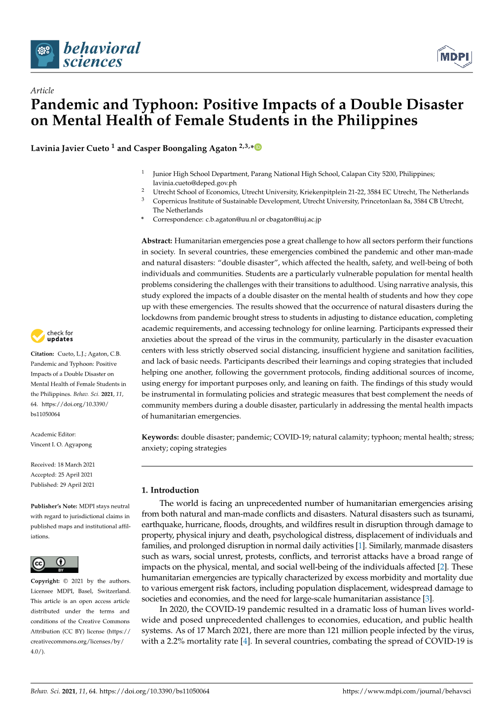 Pandemic and Typhoon: Positive Impacts of a Double Disaster on Mental Health of Female Students in the Philippines