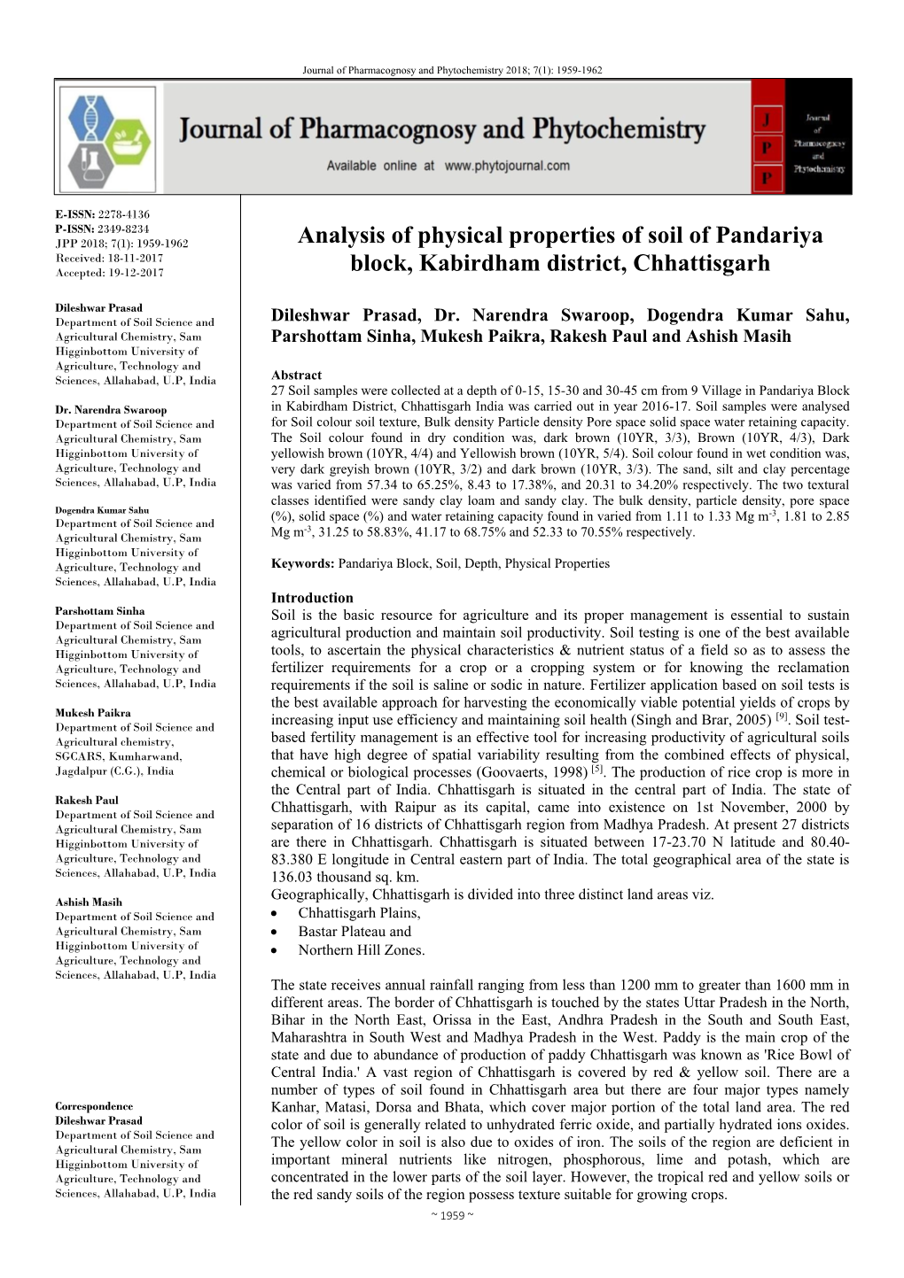 Analysis of Physical Properties of Soil of Pandariya Block, Kabirdham