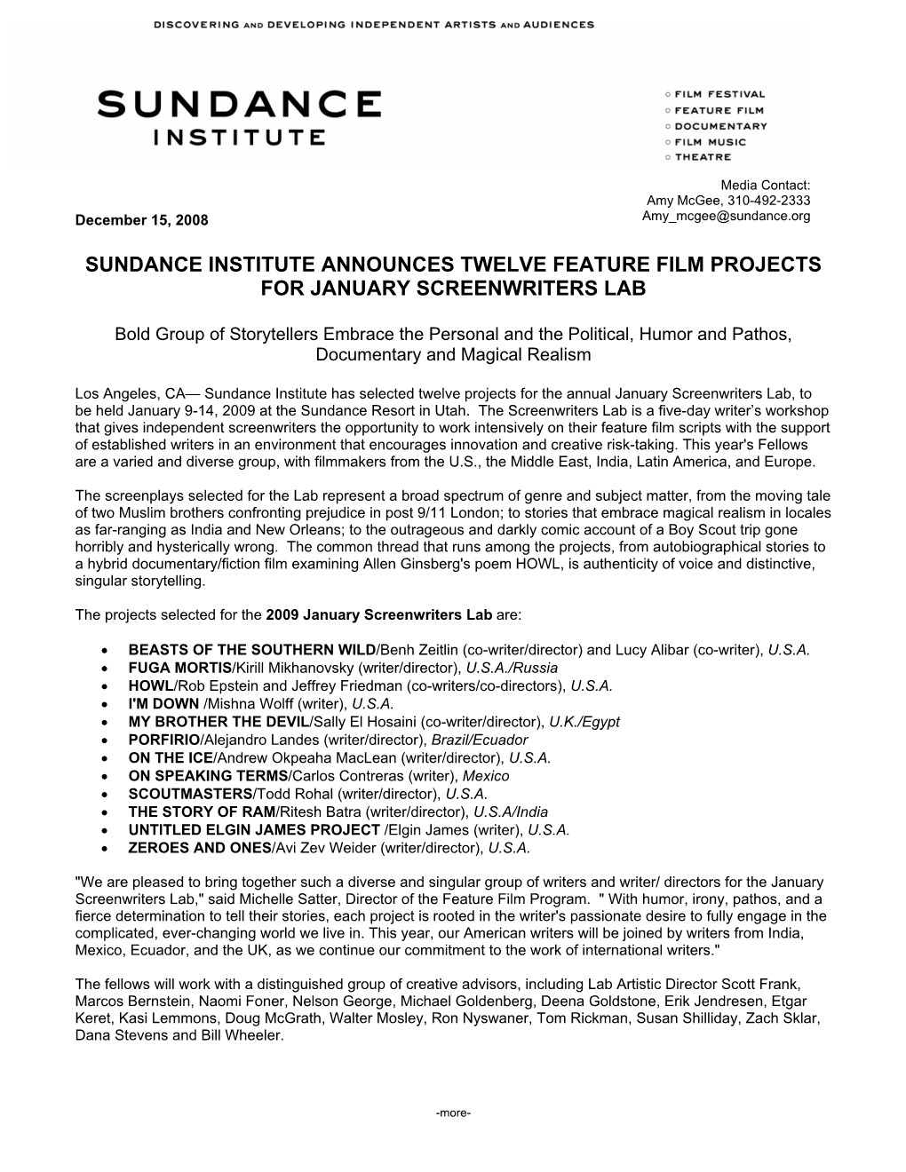 Sundance Institute Announces Twelve Feature Film Projects for January Screenwriters Lab