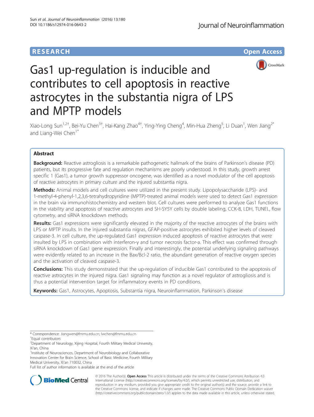 Gas1 Up-Regulation Is Inducible and Contributes to Cell Apoptosis in Reactive Astrocytes in the Substantia Nigra of LPS and MPTP