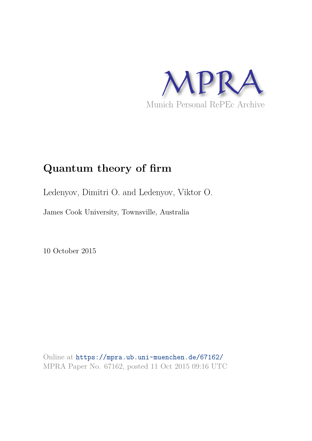 Quantum Theory of Firm