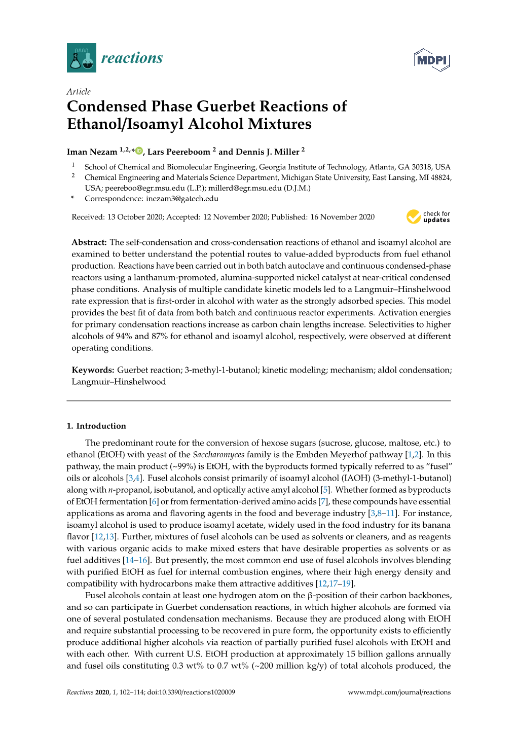 Condensed Phase Guerbet Reactions of Ethanol/Isoamyl Alcohol Mixtures