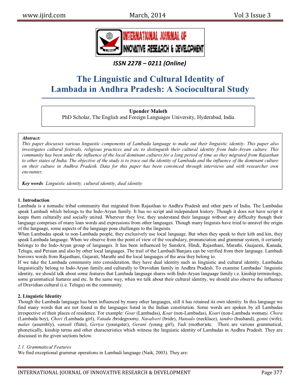 The Linguistic and Cultural Identity of Lambada in Andhra Pradesh: a Sociocultural Study