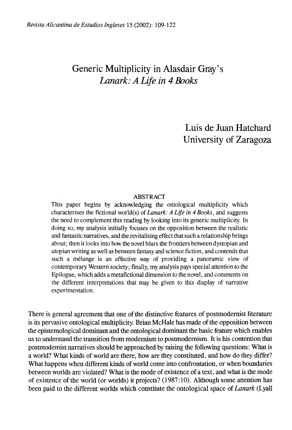 Generic Multiplicity in Alasdair Gray's Lanark: a Life in 4 Books