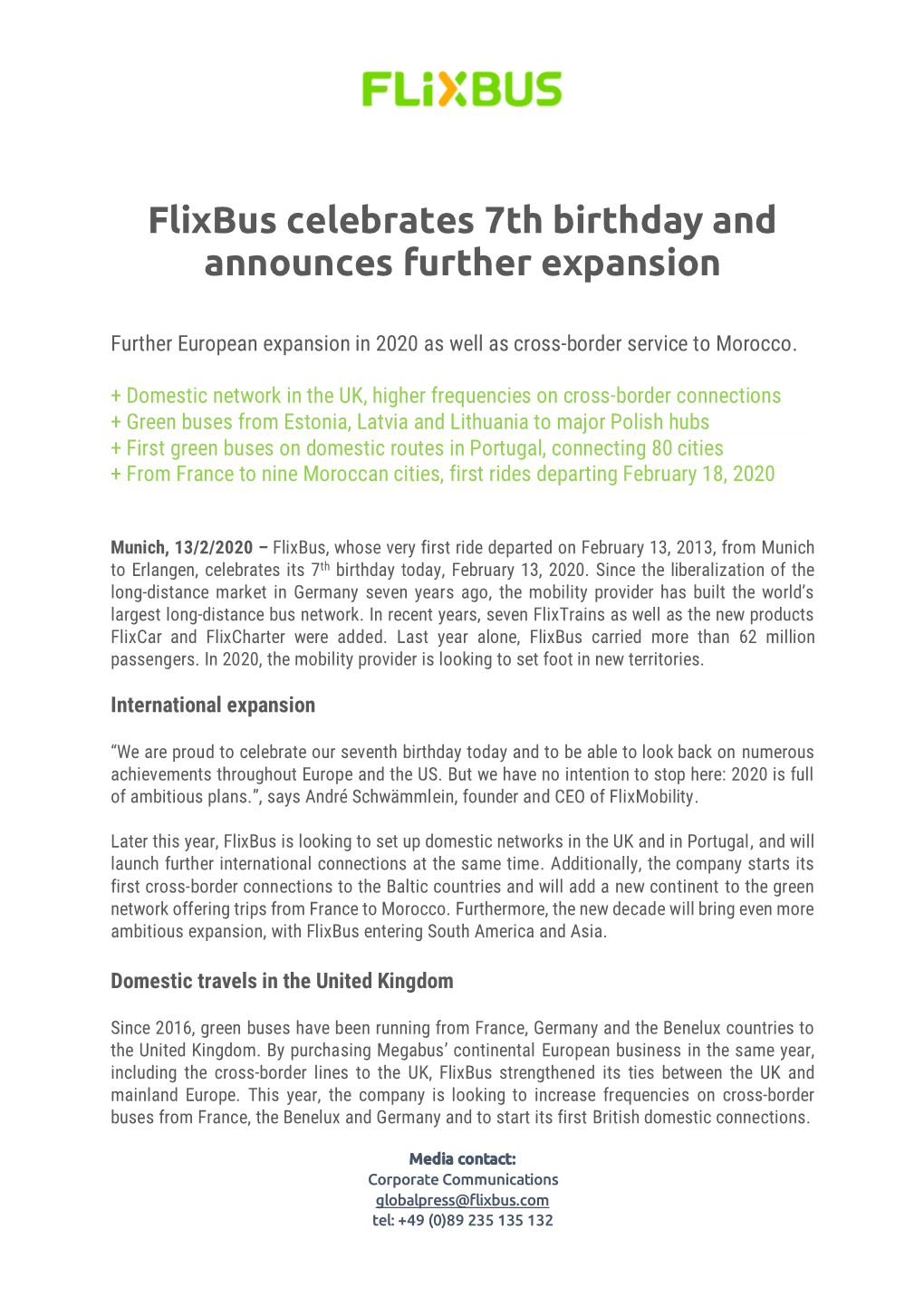 Flixbus Celebrates 7Th Birthday and Announces Further Expansion