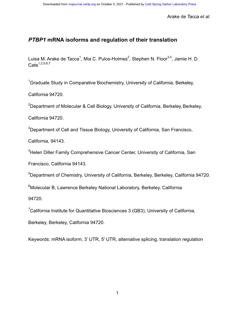 PTBP1 Mrna Isoforms and Regulation of Their Translation