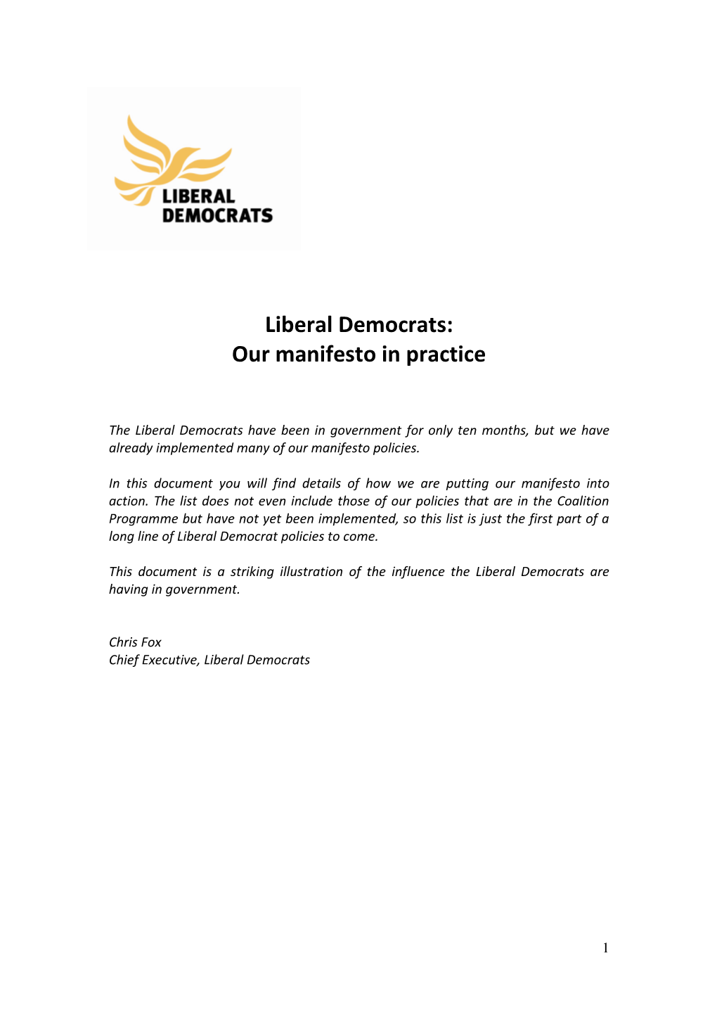 Liberal Democrats: Our Manifesto in Practice