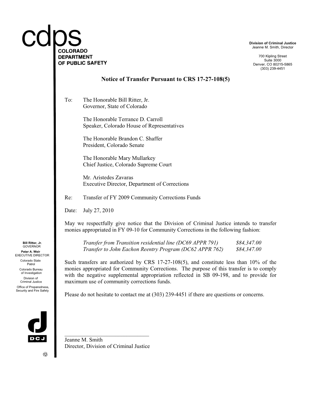 Notice of Transfer Pursuant to CRS 17-27-108(5)