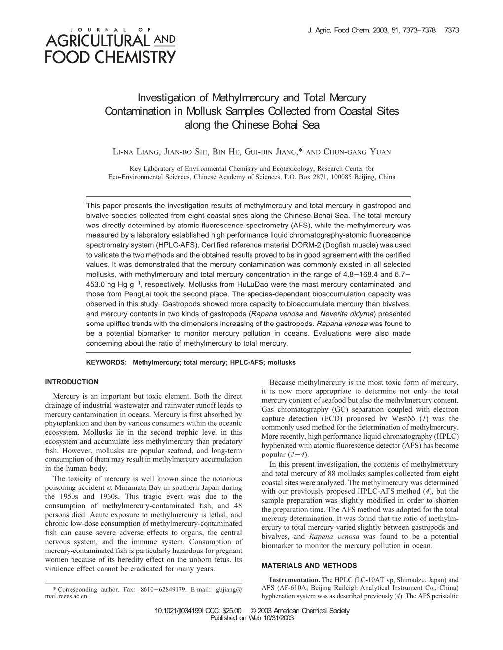 Investigation of Methylmercury and Total Mercury Contamination in Mollusk Samples Collected from Coastal Sites Along the Chinese Bohai Sea