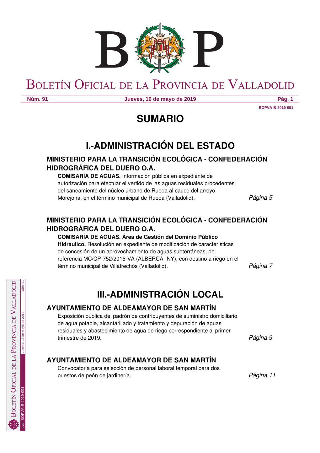 Sumario Boletín Oficial De La Provincia De Valladolid