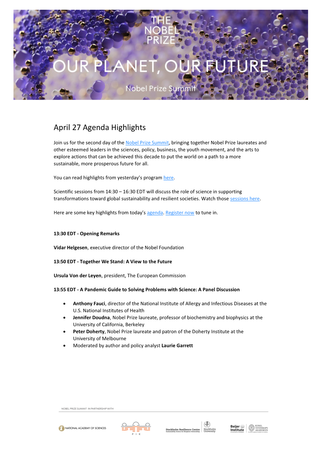 April 27 Agenda Highlights