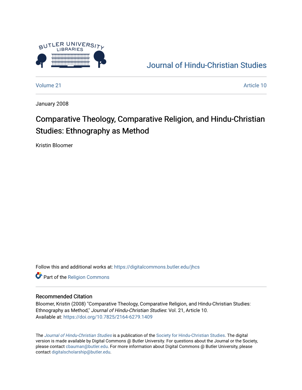 The Journal of Hindu-Christian Studies: Ethnography As Method