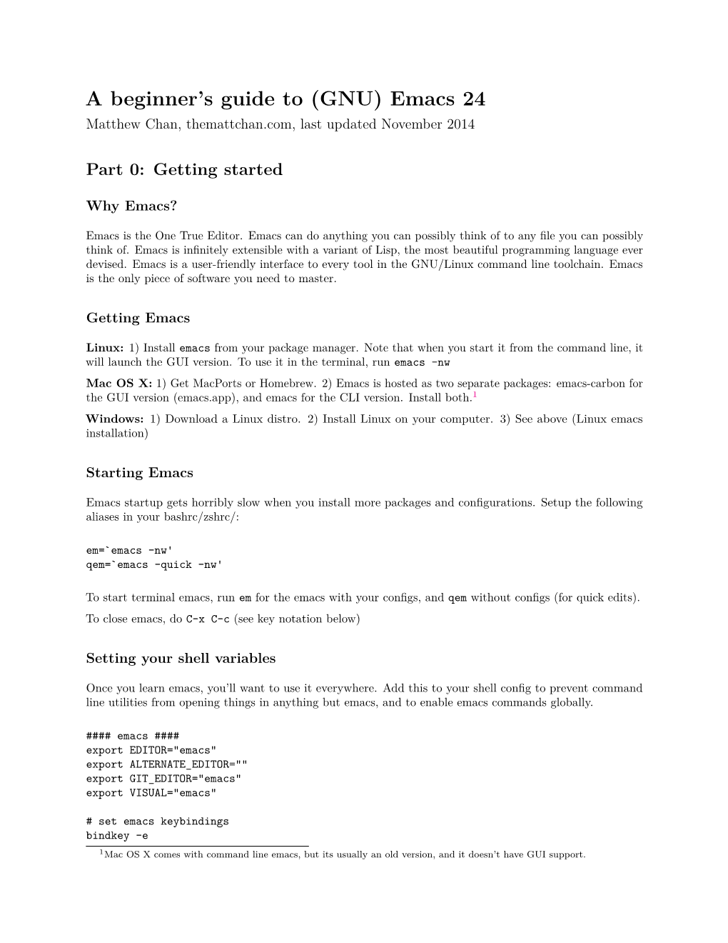 (GNU) Emacs 24 Matthew Chan, Themattchan.Com, Last Updated November 2014
