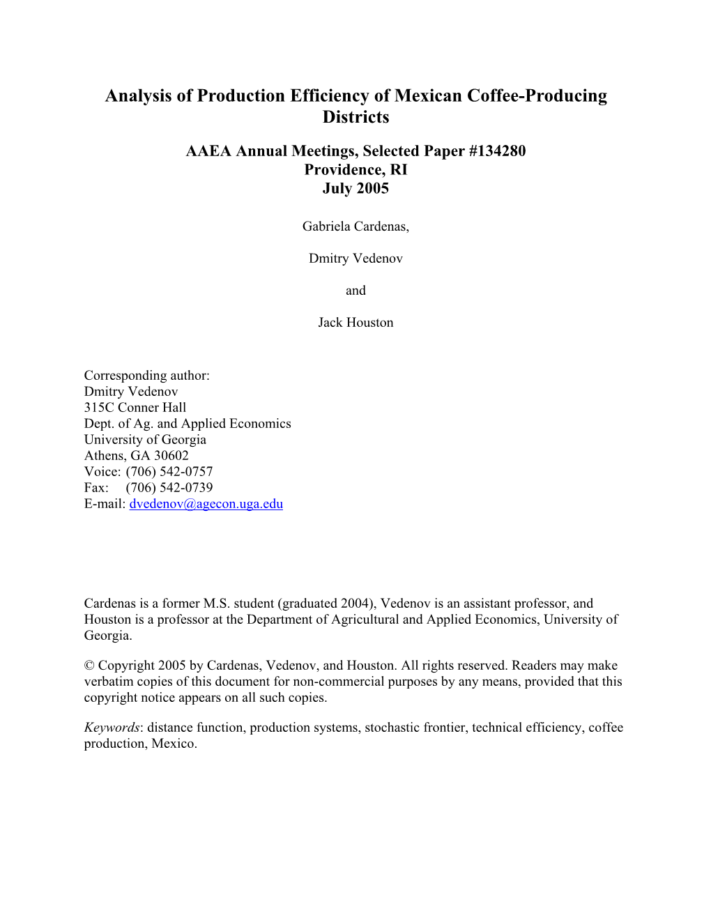 Analysis of Production Efficiency of Mexican Coffee-Producing Districts