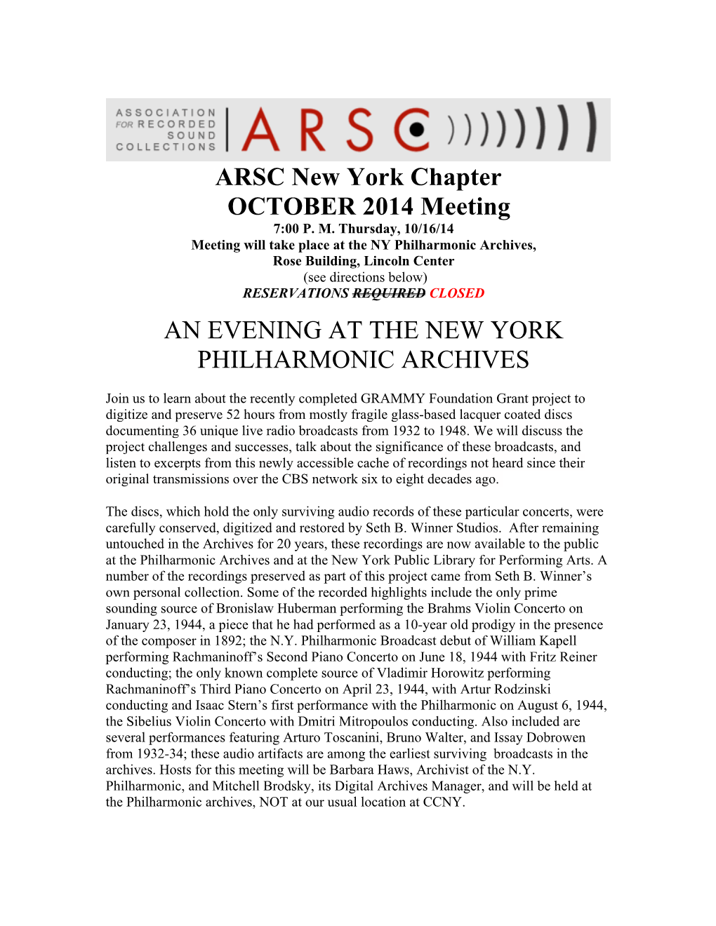 ARSC New York Chapter OCTOBER 2014 Meeting an EVENING AT