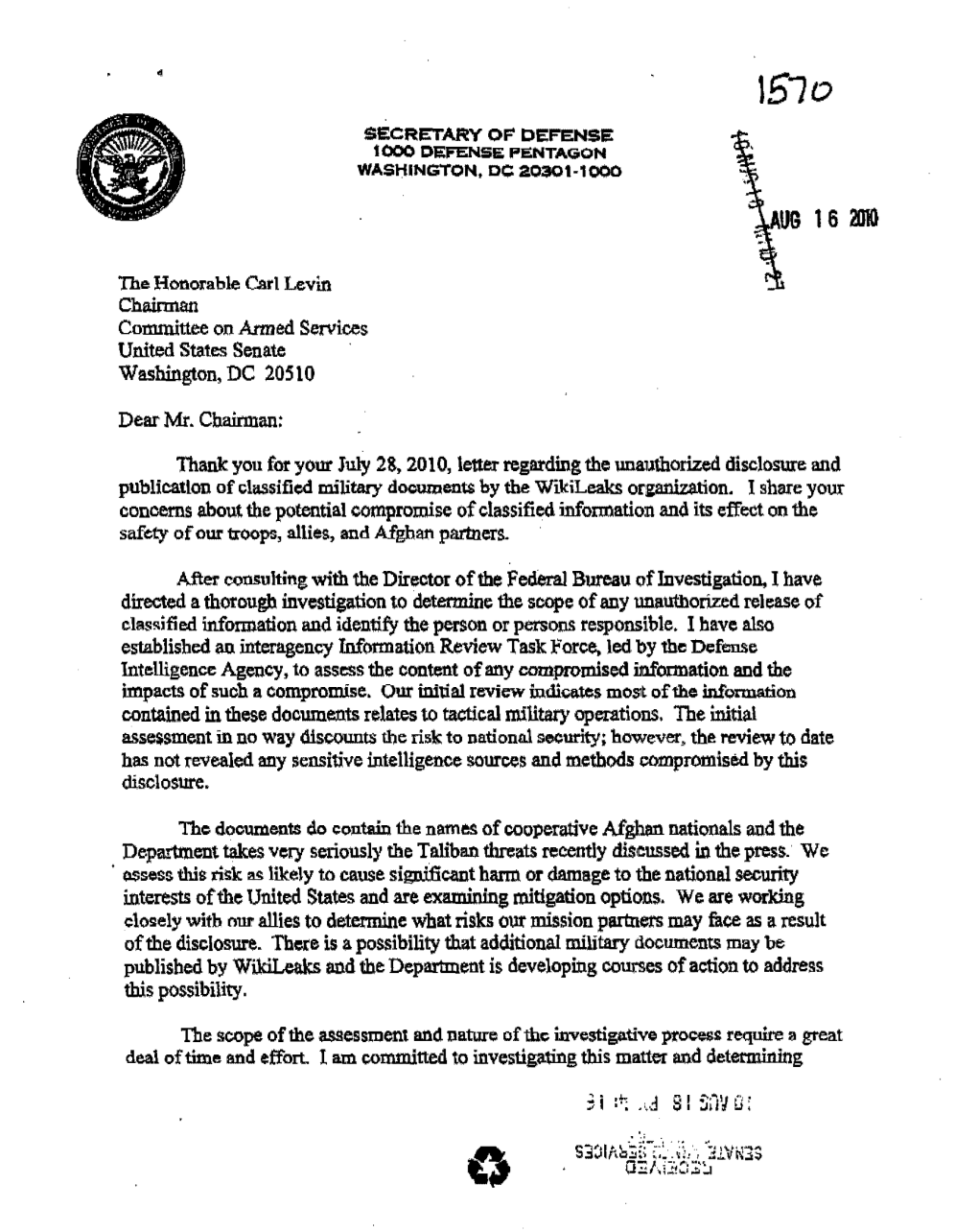 Initial Dod Assessment of Wikileaks Release of Classified Afghan War
