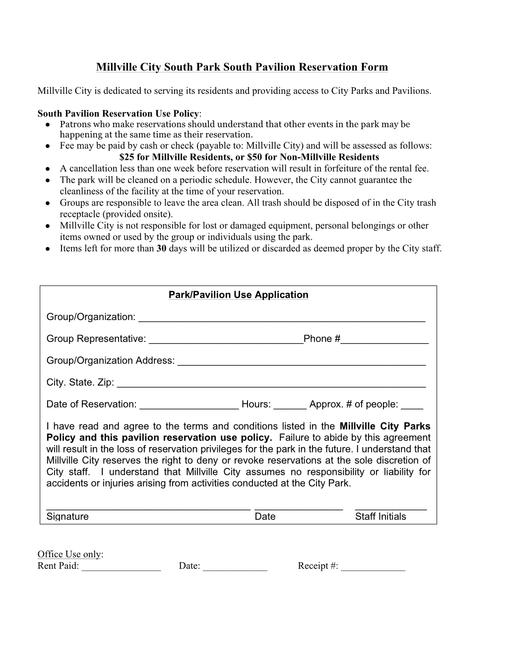 Millville City South Park South Pavilion Reservation Form