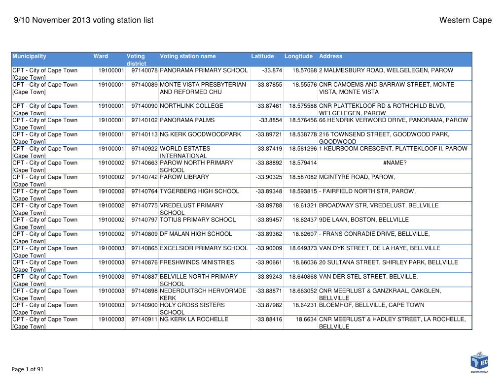 9/10 November 2013 Voting Station List Western Cape