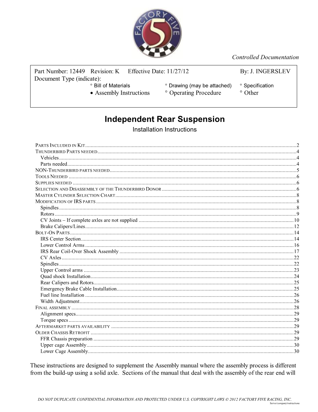 Independent Rear Suspension Installation Instructions