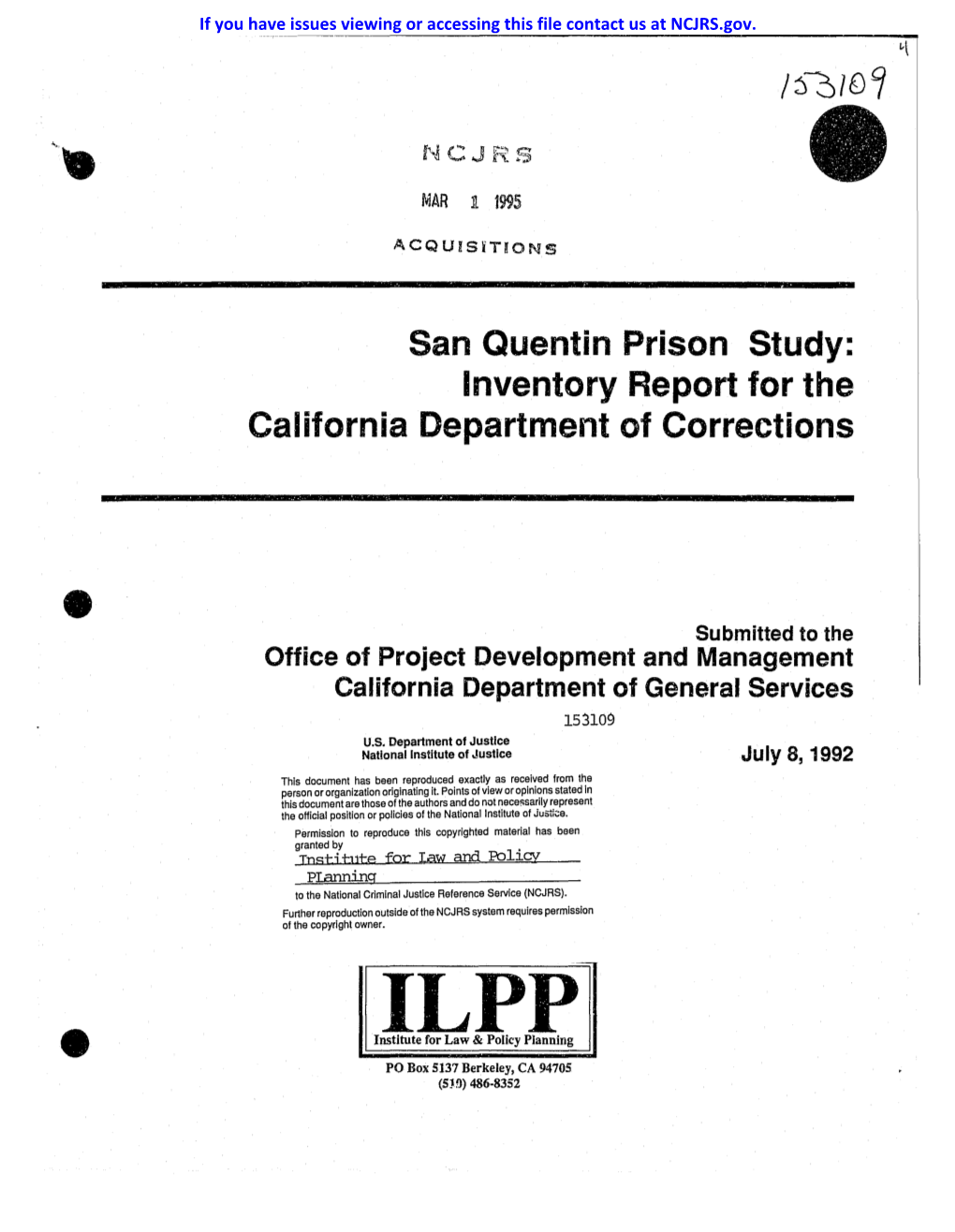 San Quentin Prison Study: Inventory Report for the California Department of Corrections