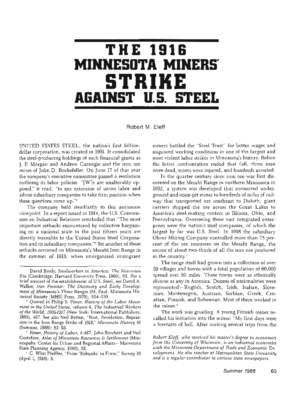 The 1916 Minnesota Miners' Strike Against U.S. Steel / Robert M. Eleff