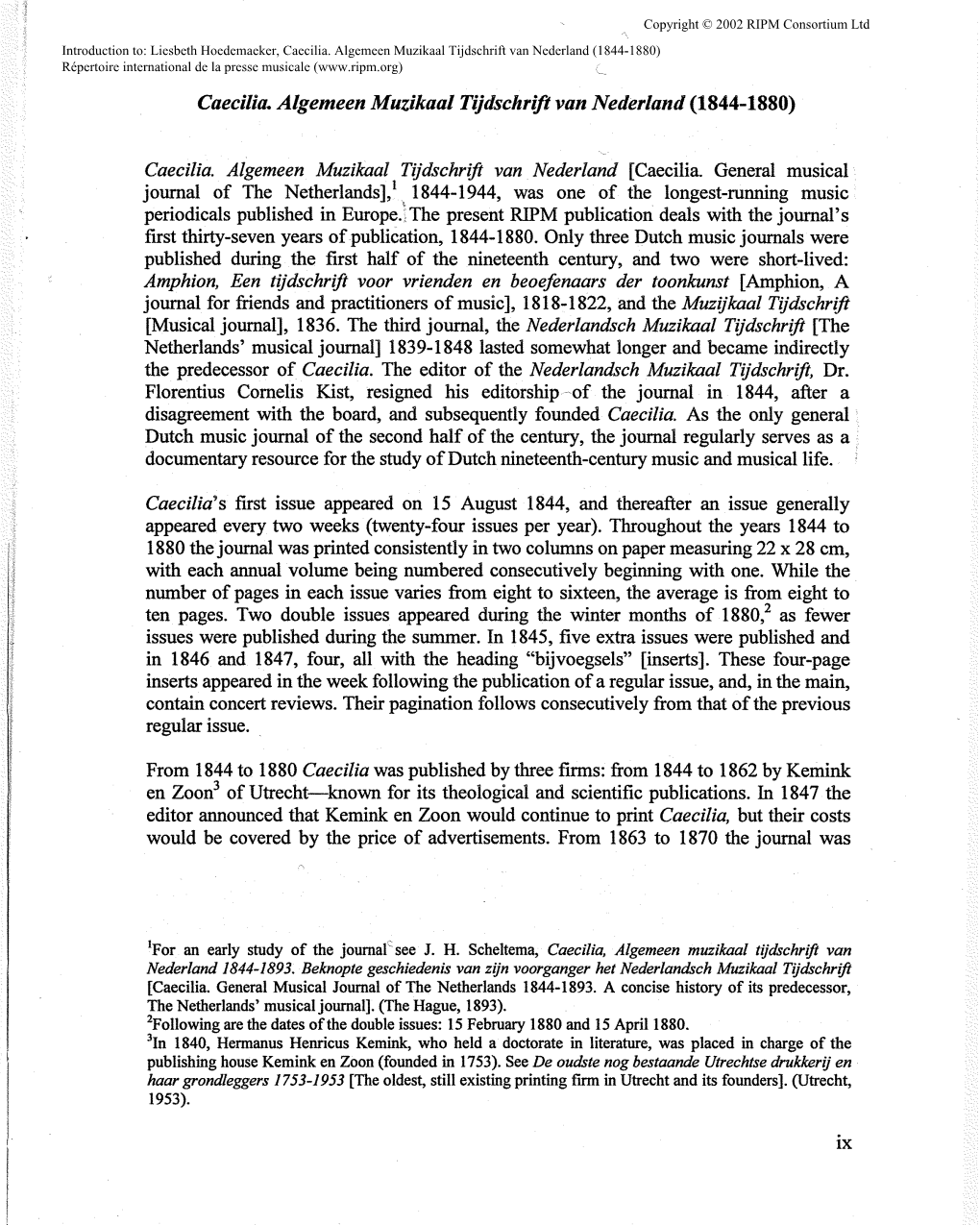 Caecilia. Algemeen Muzikaal Tijdschrift Van Nederland (1844-1880) Répertoire International De La Presse Musicale ( Caecilia