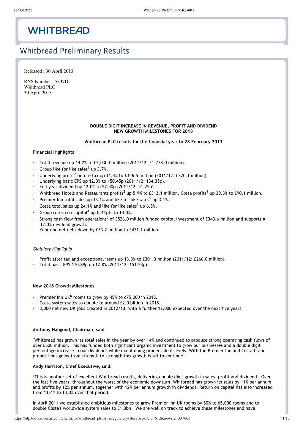 Whitbread Preliminary Results