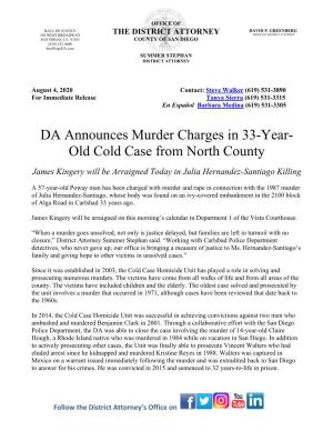 DA Announces Murder Charges in 33-Year- Old Cold Case from North County