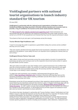 Visitengland Partners with National Tourist Organisations to Launch Industry Standard for UK Tourism 25 June 2020