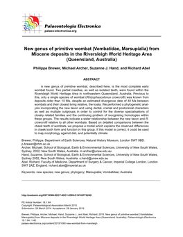 Vombatidae, Marsupialia) from Miocene Deposits in the Riversleigh World Heritage Area (Queensland, Australia)