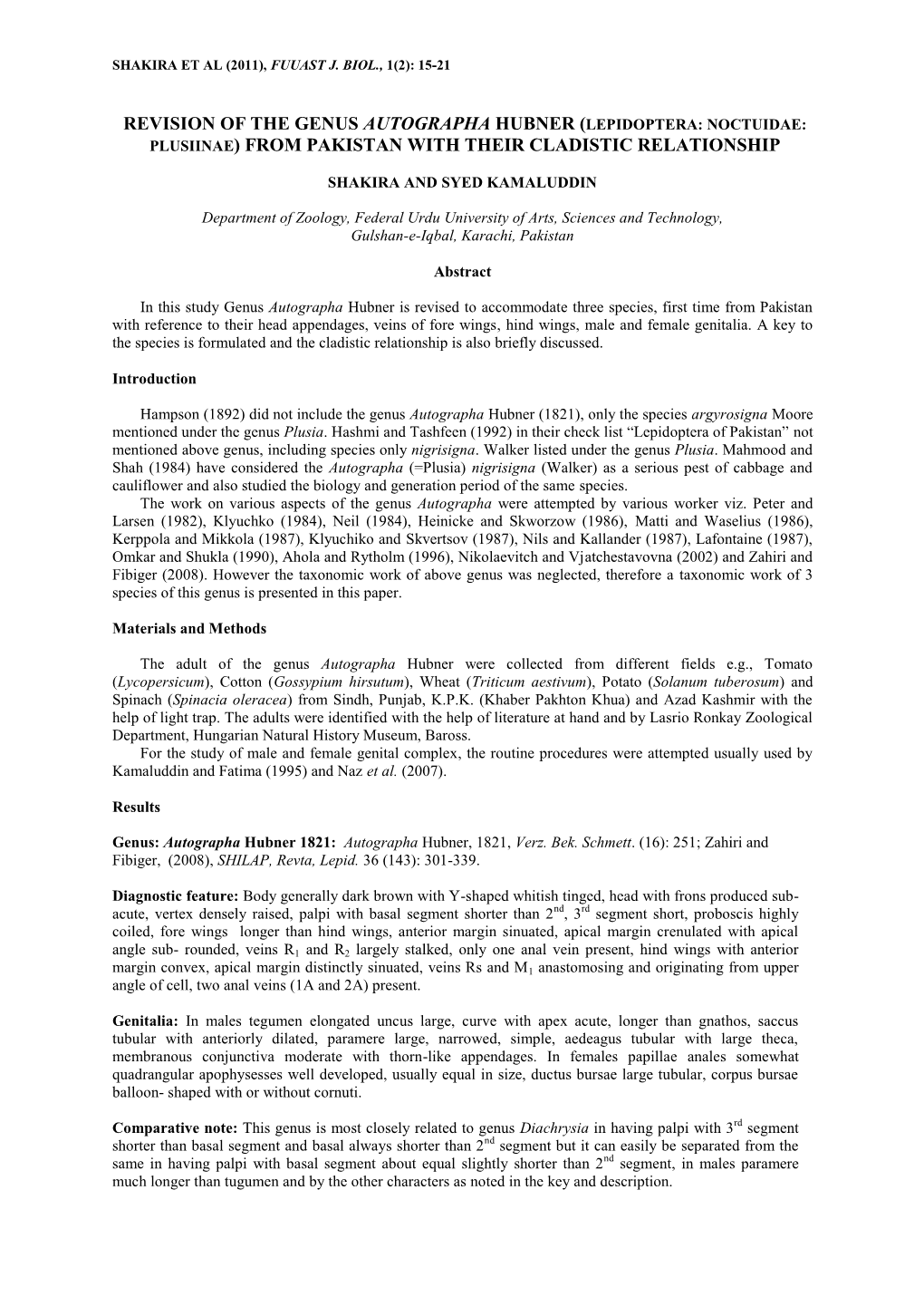 Plusiinae) from Pakistan with Their Cladistic Relationship