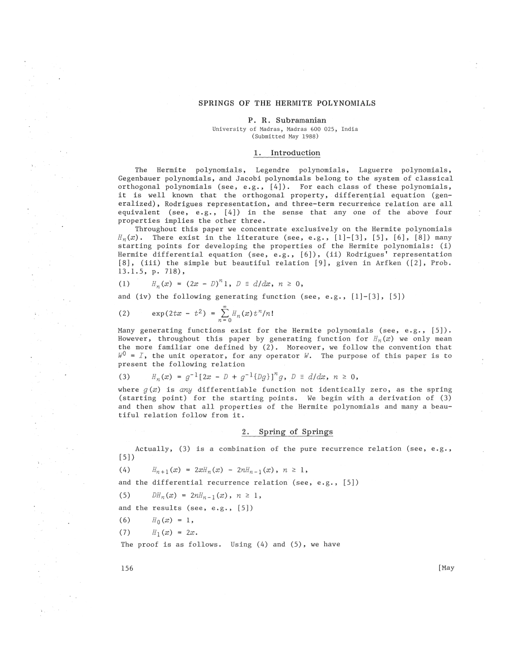 SPRINGS of the HERMITE POLYNOMIALS P. R. Subramanian