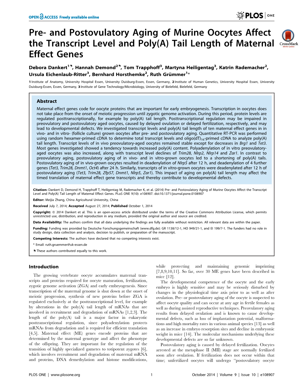 Pre- and Postovulatory Aging of Murine Oocytes Affect the Transcript Level and Poly(A) Tail Length of Maternal Effect Genes