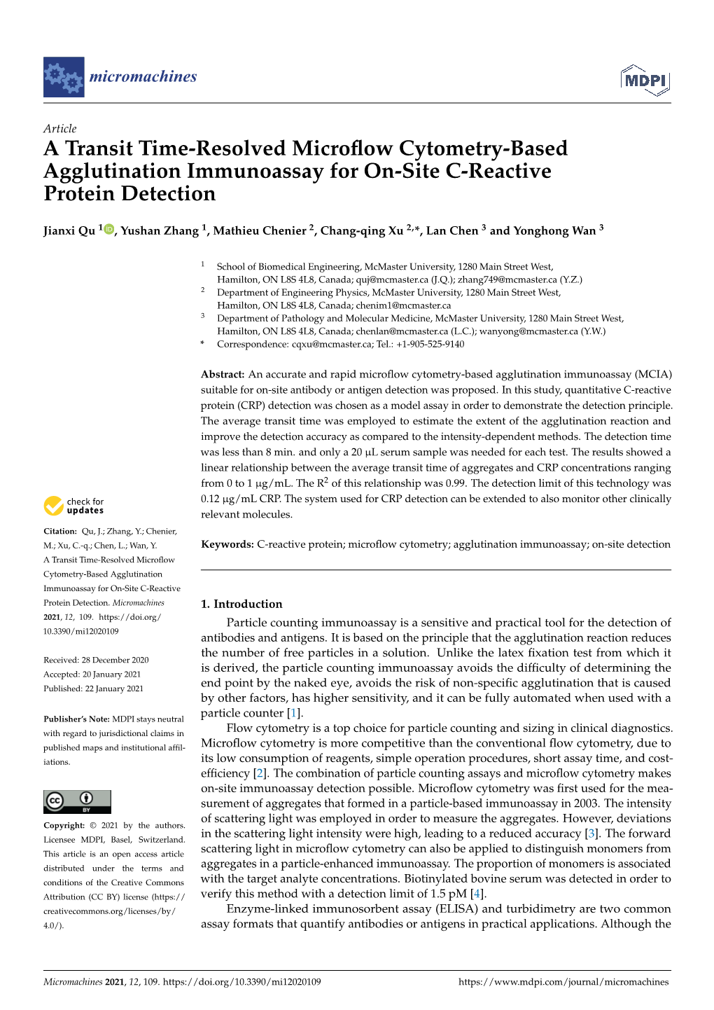 A Transit Time-Resolved Microflow Cytometry-Based Agglutination