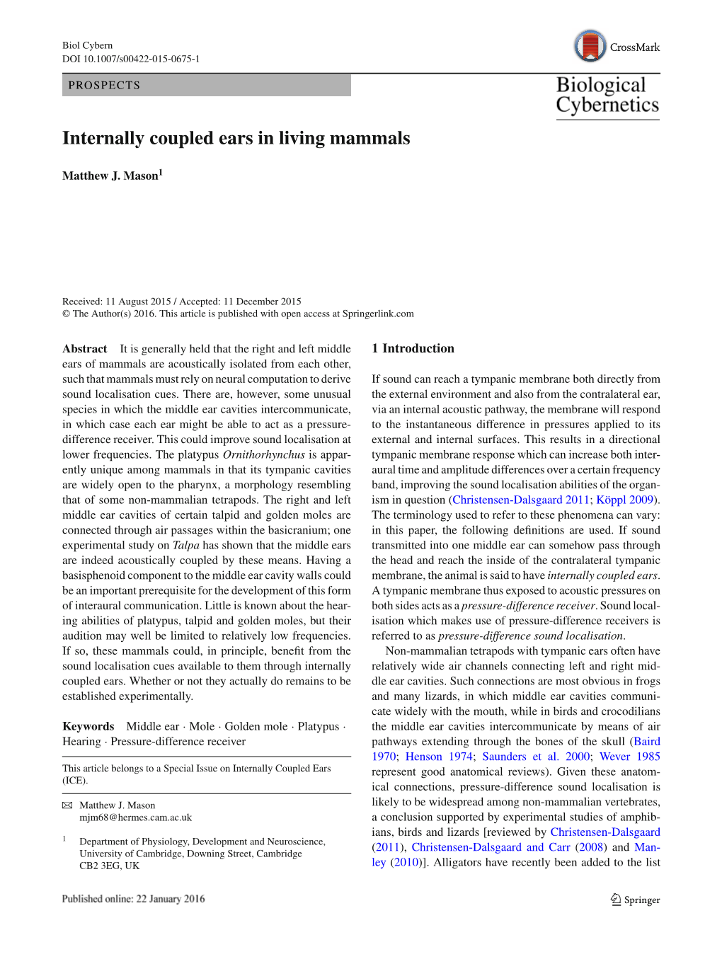 Internally Coupled Ears in Living Mammals