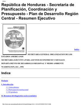 República De Honduras - Secretaria De Planificación, Coordinación Y Presupuesto - Plan De Desarrollo Región Central - Resumen Ejecutivo