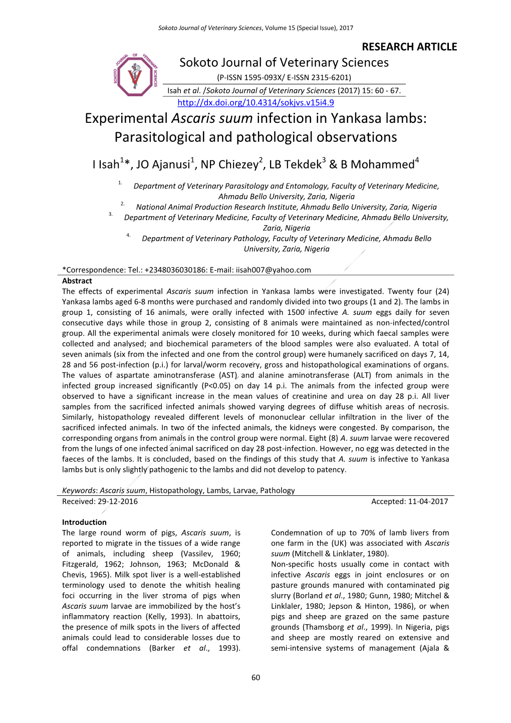 Ascaris Suum Infection in Yankasa Lambs: Parasitological and Pathological Observations