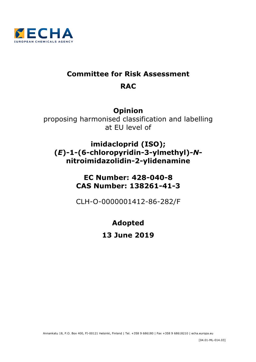 Committee for Risk Assessment RAC Opinion Proposing