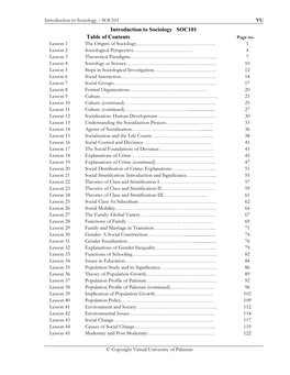 Introduction to Sociology – SOC101 VU Introduction to Sociology SOC101 Table of Contents Page No
