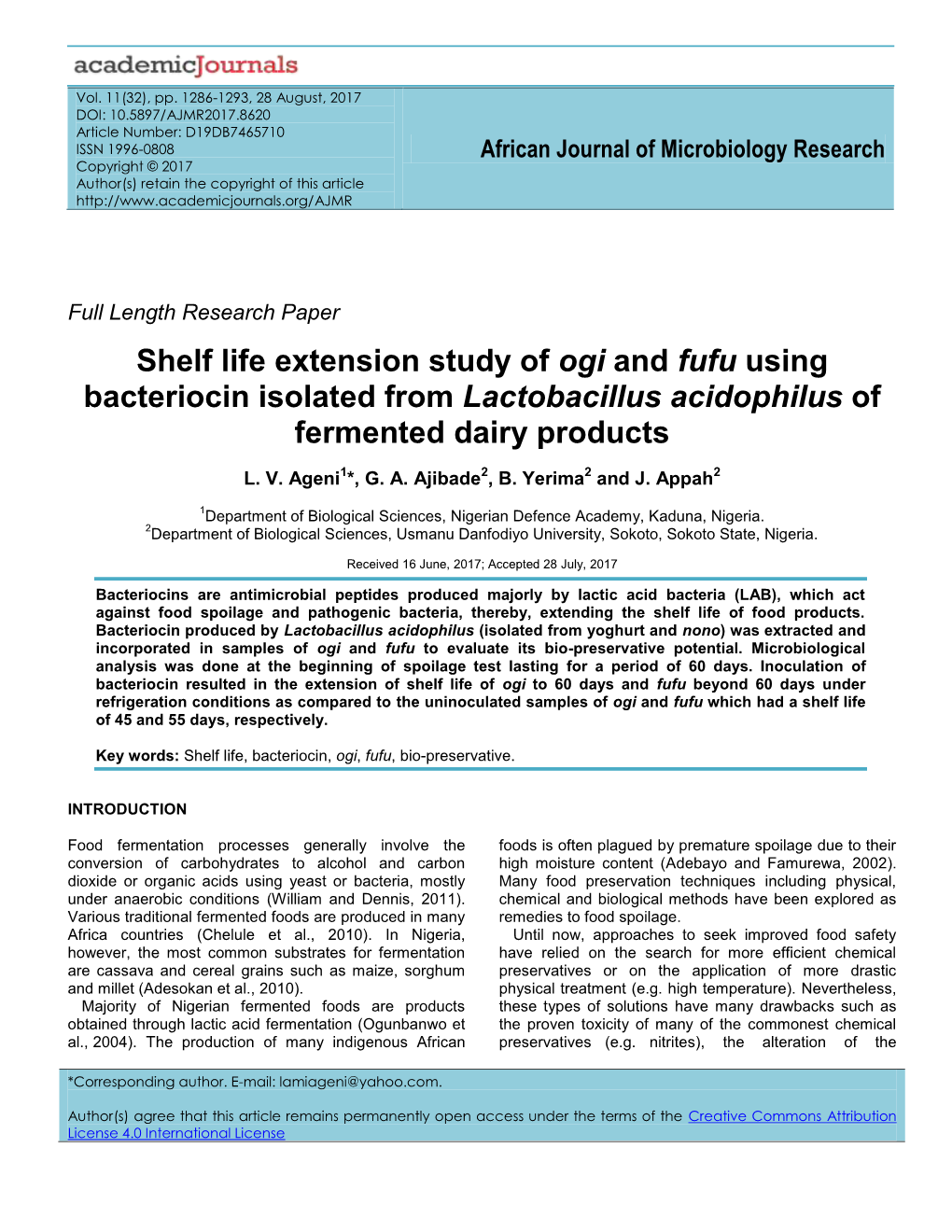 Shelf Life Extension Study of Ogi and Fufu Using Bacteriocin Isolated from Lactobacillus Acidophilus of Fermented Dairy Products