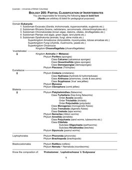 1 Biology 205: Partial Classification Of