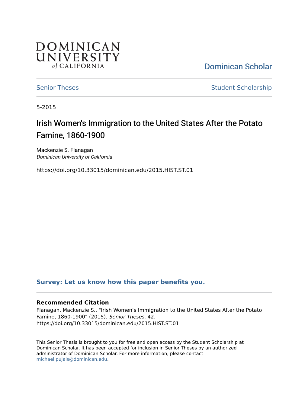 Irish Women's Immigration to the United States After the Potato Famine, 1860-1900