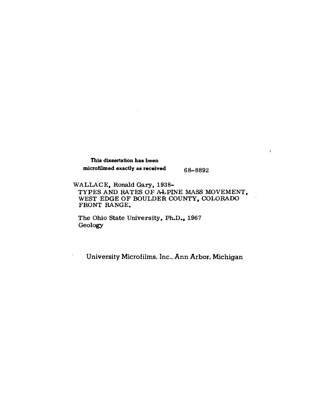 Types and Rates of Alpine Mass Movement, West Edge of Boulder County, Colorado Front Range