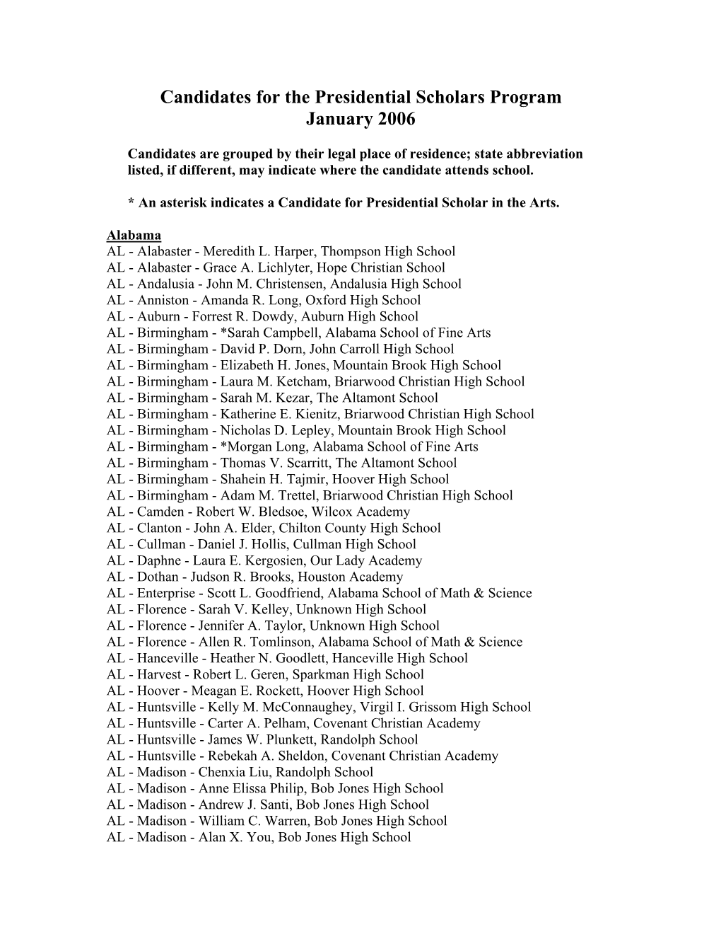 Candidates for the Presidential Scholars Program (2006) (PDF)